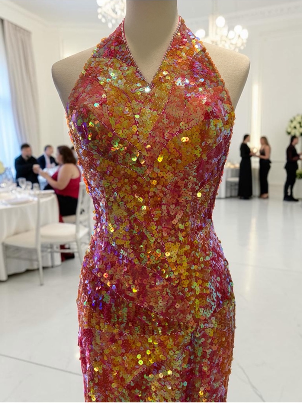 Panoply Iridescent Sequin Halter Gown in Pink and Orange 100% Silk